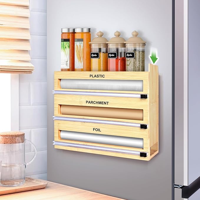 Magnetic Plastic Wrap Dispenser with Cutter, 3 in 1 Refrigerator Bamboo Organizer for Tin Foil, Baking Paper, Wax Paper Holder Kitchen Storage Box Compatible