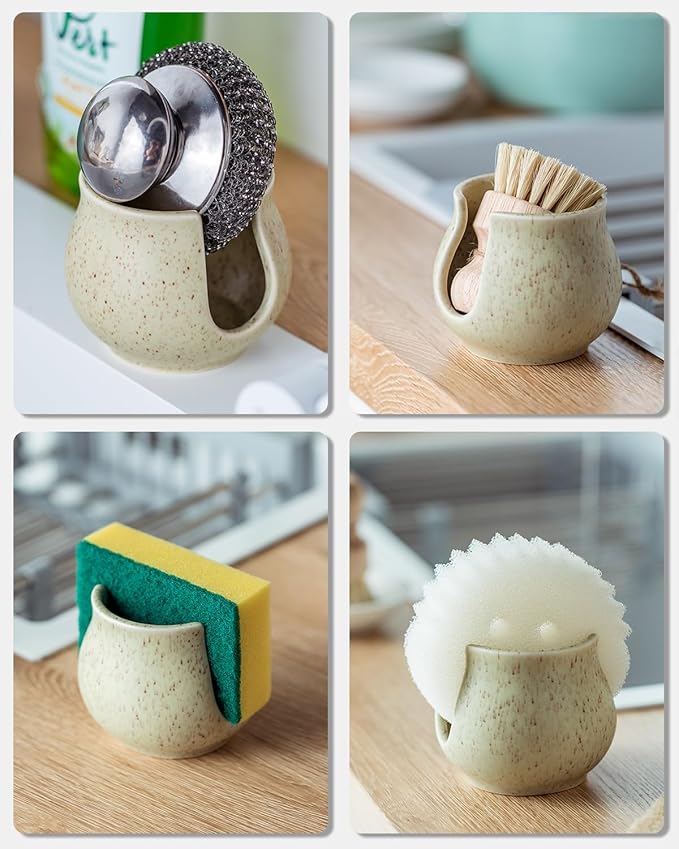 Ceramic Dish Sponge Holder, Sponge Caddy for Kitchen Sink Brush Organizer Scrub Dish Rack for Scrubbers, Bathroom, Sink, Yellow