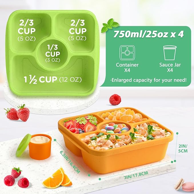 QQKO Bento Snack Box Containers for Adults Kids, 4 Pack Lunchable Meal Prep Containers Reusable, Stackable Bento Lunch Box, Food Storage Prep Containers with Lids and 4 Sauce Cups, Jewel Color