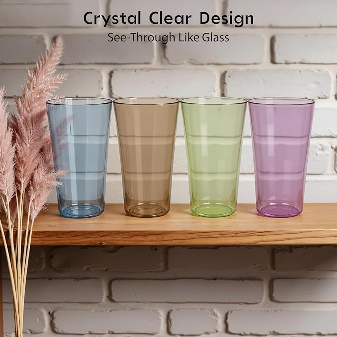 Freshmage 8 Pack Plastic Reusable Drinking Glasses, 20oz Colorful Drinking Cups, BPA-Free, Shatter-Proof, Microwave Safe, Stackable Tumblers for Home, Outdoor, Party, Picnic, Pool