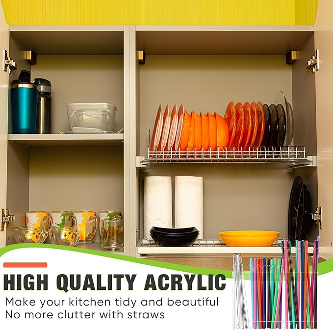 Qinyoung Acrylic Straw Holder for Cabinet Door with Double Sided Adhesive Tape Reusable Straw Organizer Tumbler Storage Kitchen Accessories Container for Counter Cupboard(Classic,Large,Transparent)
