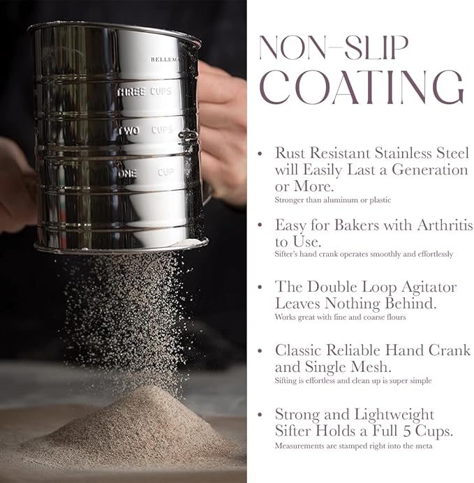 Bellemain 5 Cup Flour Sifter for Baking Fine Mesh Rotary Hand Crank with Loop Agitator for Quick Sifting, Flour Sifter Stainlees Steel