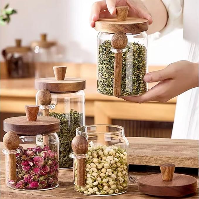 ANSQU Glass Jars with Wooden Lids and Spoons (13.5oz/20.3oz/27oz), Set of 3 Glass Food Storage Containers Coffee Jar Coffee Grounds Container, Glass Food Storage Canisters