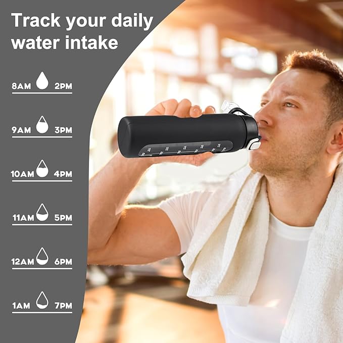 chunmo 32 oz Glass Water Bottles with 2 Lids-Handle Spout Lid & Straw Lid, 1 Liter Motivational Borosilicate Water Bottle with Time Marker and Silicone Sleeve,Leakproof-Black-1 Pack