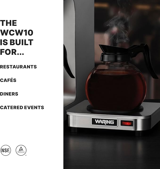 Waring Commercial WCW10 Café Deco Single Coffee Carafe Warmer, 120V, 5-15 Phase Plug, Single Burner Silver