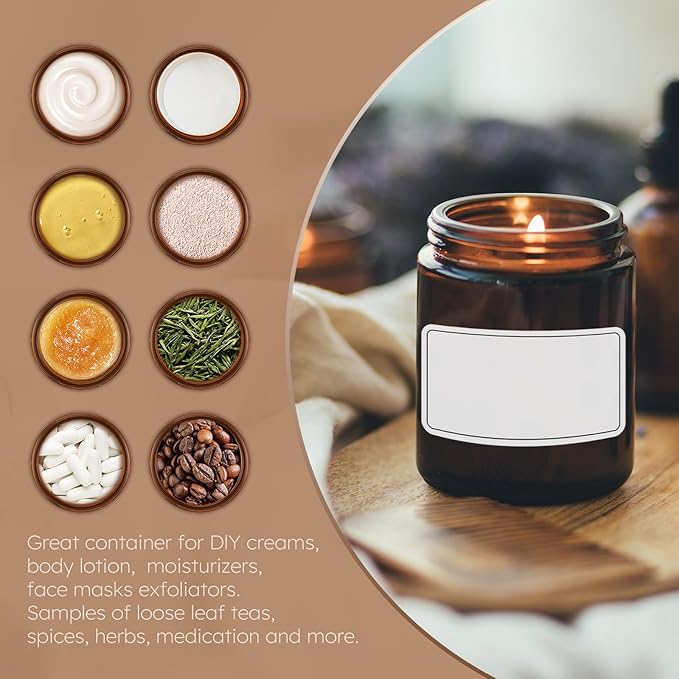 Tecohouse 8oz Glass Jars with Lids, 30 Pcs Amber Candle Jars for Making Candles with White Labels & Inner Liners, Empty Airtight Round Cosmetic Containers for Cream, Spice, Lotion, Ointments, Liquid