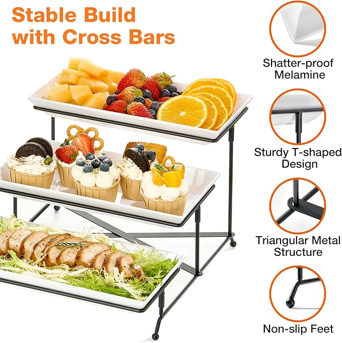 Mfacoy 3 Tier Serving Tray Set, 12" Tiered Serving Trays Platters, Reusable Serving Tray for Party, Collapsible Sturdier Stand with Stable Cross Bars, Serving Platters for Veggie, Fruit, Dessert