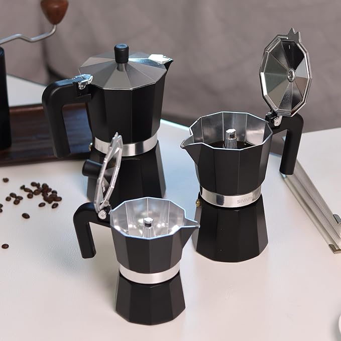 Sivaphe Aluminum Moka Pot 12 Espresso Cups, Percolator Espresso and Coffee Maker, Portable Stovetop Italian and Cuban Café Brewer for Home and Camping Black