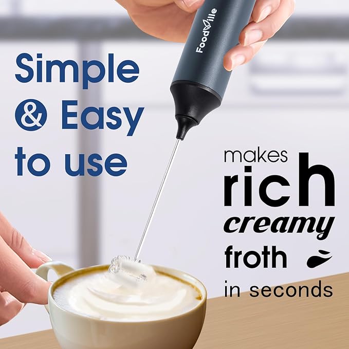 FoodVille MF05 Rechargeable Milk Frother USB Charging Handheld Foam Maker with Stainless Balloon Whisk for Cappuccino, Latte, Bulletproof Coffee, Keto (Grey without Stand)
