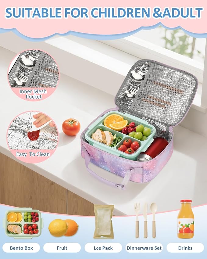 Insulated Lunch Box for Kids, Cute Thermal Lunch Bag for School, Reusable Lunch Tote for Boys and Girls, Durable Cooler Bag with Easy Grab Handle, Lightweight and Easy to Clean, Galaxy Starry Sky