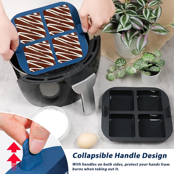 Webake Silicone Air Fryer Brownie Pan for Baking, Nonstick 2.6" Square Silicone Mold for S'mores, Cake Puck, Muffin, 4-Cavity Set of 2