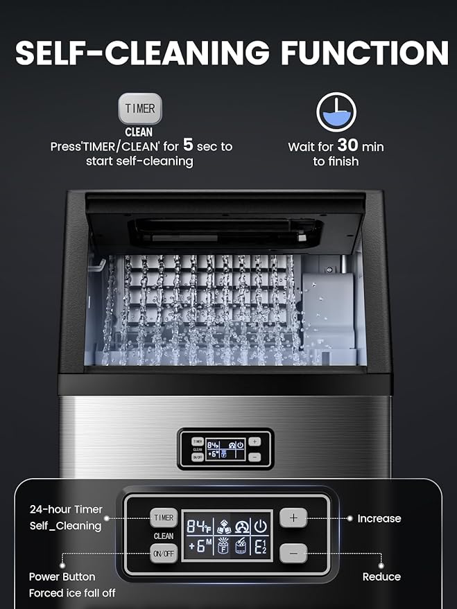 Electactic Commercial Ice Maker Machine,100lbs/24H Stainless Steel Ice Machine,33lbs Storage, Auto Self-Cleaning Freestanding Ice Maker, Ice Machine Freestanding for Bar/Cafe/Restaurant-Dark Silver