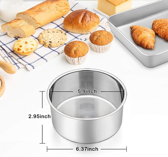P&P CHEF 6 Inch Cake Pans Set, Round Baking Pan Stainless Steel Layer Birthday Wedding Cake Oven Pans, Non Toxic & Heavy Duty, Deep Side & Mirror Finish, Dishwasher Safe, (2Pcs)