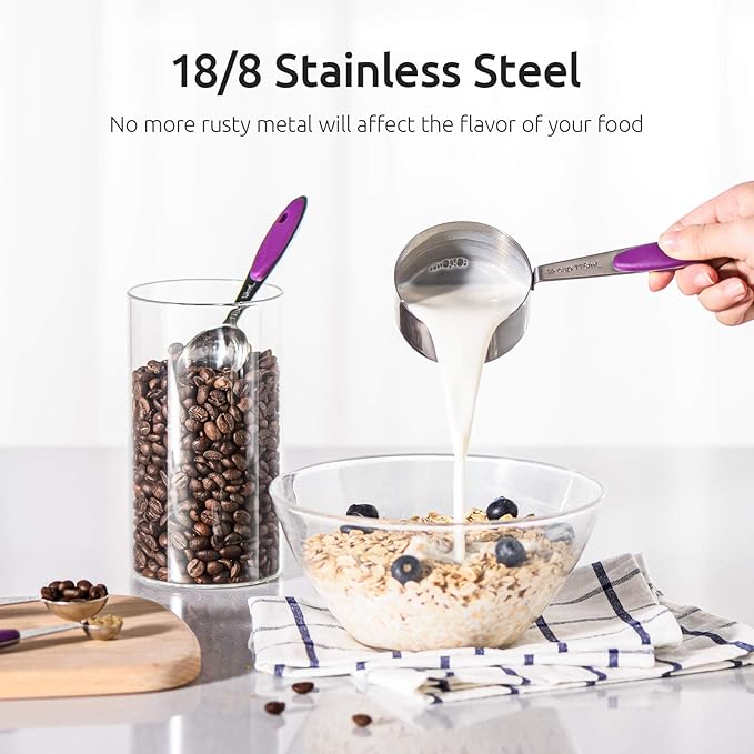 U-Taste 18/8 Stainless Steel Measuring Cups and Spoons Set of 10 and 12.6in Stainless Steel Danish Dough Whisk (Purple)