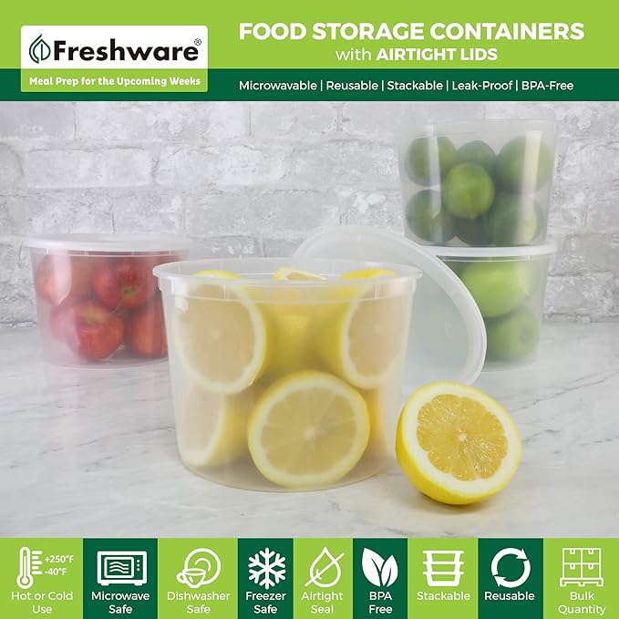 Freshware [12 Pack, 64 oz] 1/2 Gallon Plastic Deli Food Storage Soup Containers With Airtight Lids, Slime Containers, Freezer Safe | Meal Prep | Stackable | Leakproof | BPA Free, Clear