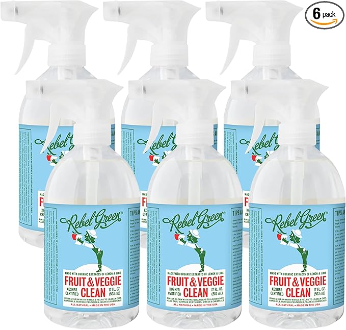 Rebel Green Fruit & Veggie Clean - Plant-Based Produce Cleaner - Natural Fruit and Vegetable Wash with No Aftertaste - Chemical & Wax Removal - Made with Organic Extracts of Citrus - 6 Pack 17 FL OZ