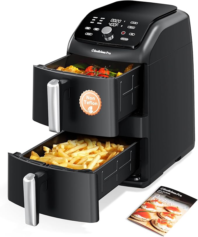 12QT Large Double Air Fryer, 10-in-1 Dual Airfryer with 2 Baskets & SyncHeat Tech for Even Cooking, Stacked Compact Design, Smart Finish & Match Cook, PFAS-Free Nonstick, Dishwasher Safe, Black