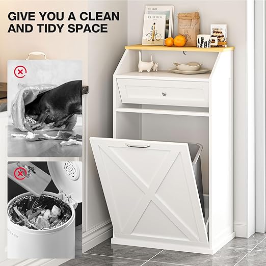 GAZHOME 13 Gallon Tilt Out Trash Cabinet, Upgrade Wooden Recycling Cabinet with Flip Door,White