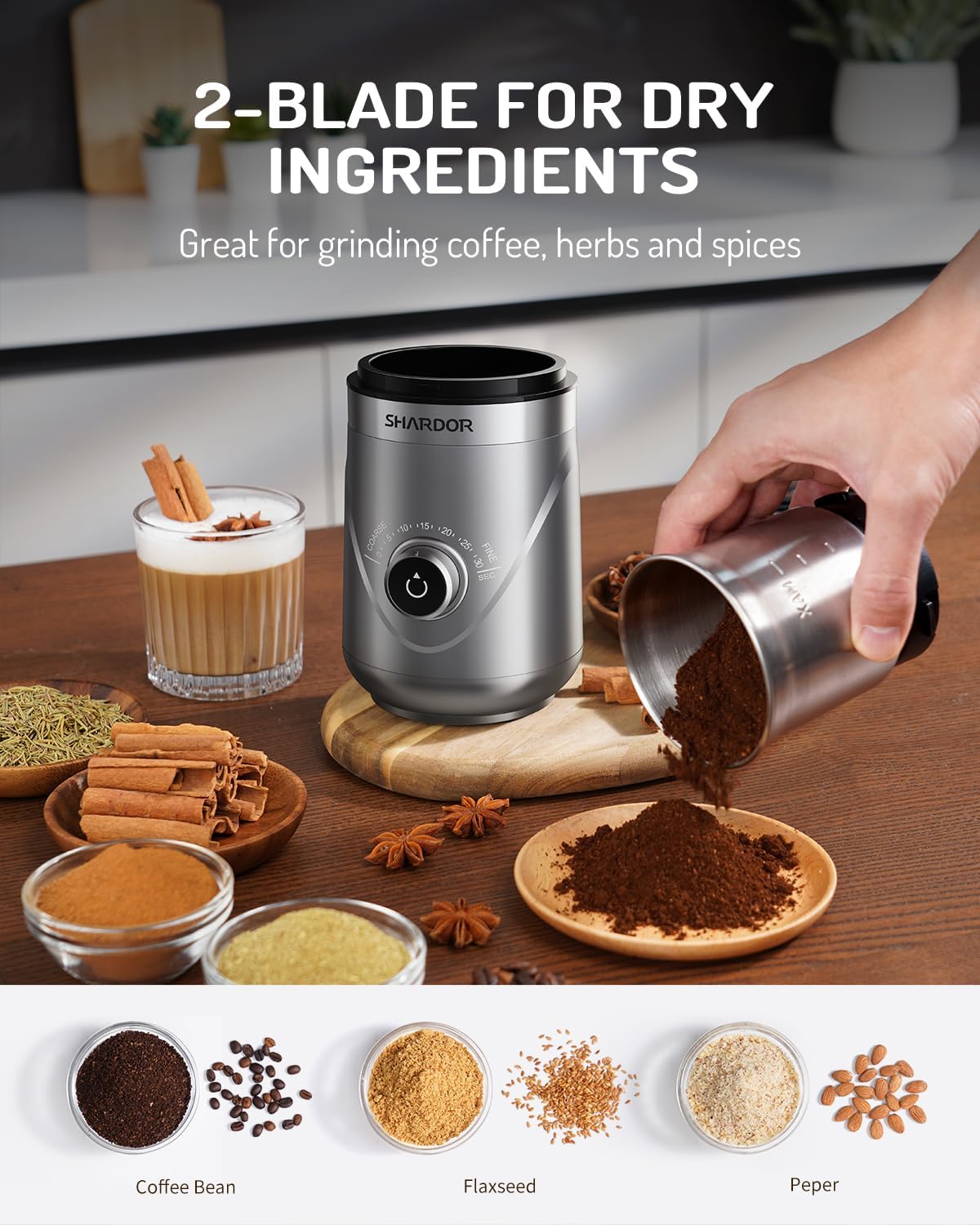 SHARDOR Adjustable Coffee Grinder Electric, Herb, Spice, Coffee Bean,Espresso Grinder with 2 Removable Stainless Steel Wet and Dry Bowl, Silver