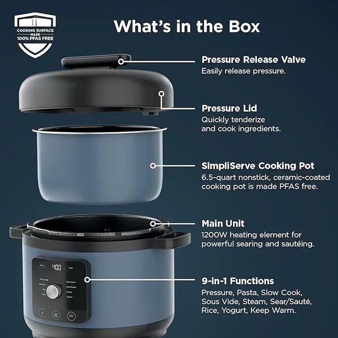 Hyper-Heat Pressure Cooker - 6.5 Quart Multi-Cooker with 9 Programmable Functions, 1200W Power, SimpliServe Pot for Family Meals, Electric Pressure Cooker for Fast and Healthy Cooking (Blue)