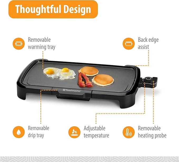 Toastmaster Electric Griddle - Flat Top Nonstick Griddle - Cookware for Breakfast & More - Skillet Griddle with Adjustable Temperature - Kitchen Appliance for Pancakes - 10" x 20" Cooking Surface