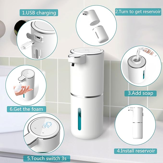 Automatic Soap Dispenser – Touchless Foaming Soap Dispenser 400ml USB Rechargeable Dispenser Electric Wall Mounted 4levels Adjustable Foam Dish Soap Pump for Bathroom Kitchen