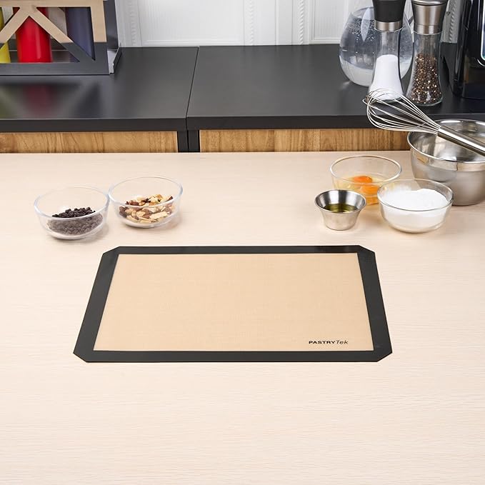 Restaurantware Baking Mat Pack of 1 Non-Stick 11.8"x15.7" Silicone Half Size Baking Mat, Rectangle Reusable Durable Oven-Friendly Anti-Slip Sheet for Kneading Rolling Shaping Dough, Tan and Black