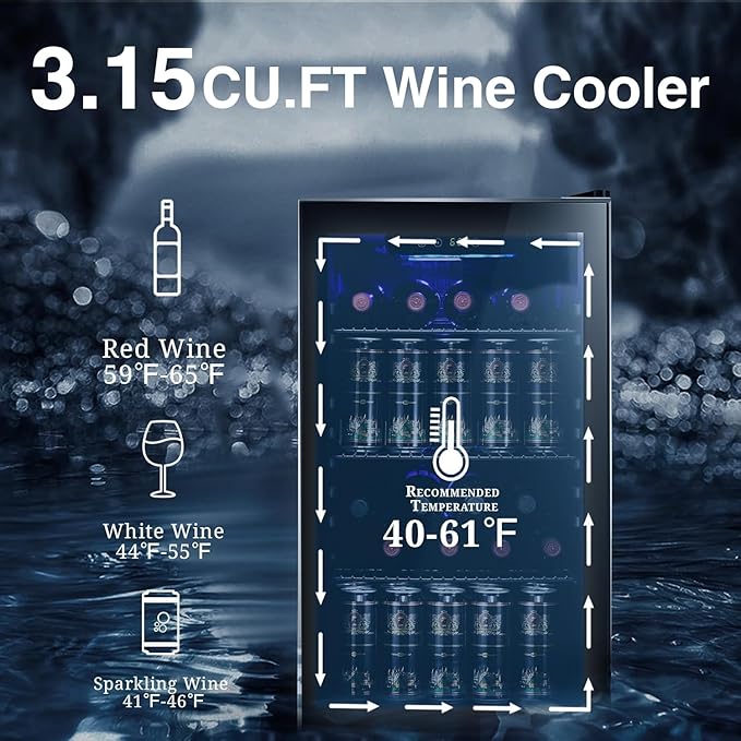 Antarctic Star Wine Cooler 26 Bottle Mini Fridge Drink Refrigerator Small Beer Soda Glass Door Quiet Compressor Freestanding 3.15 Cu.Ft