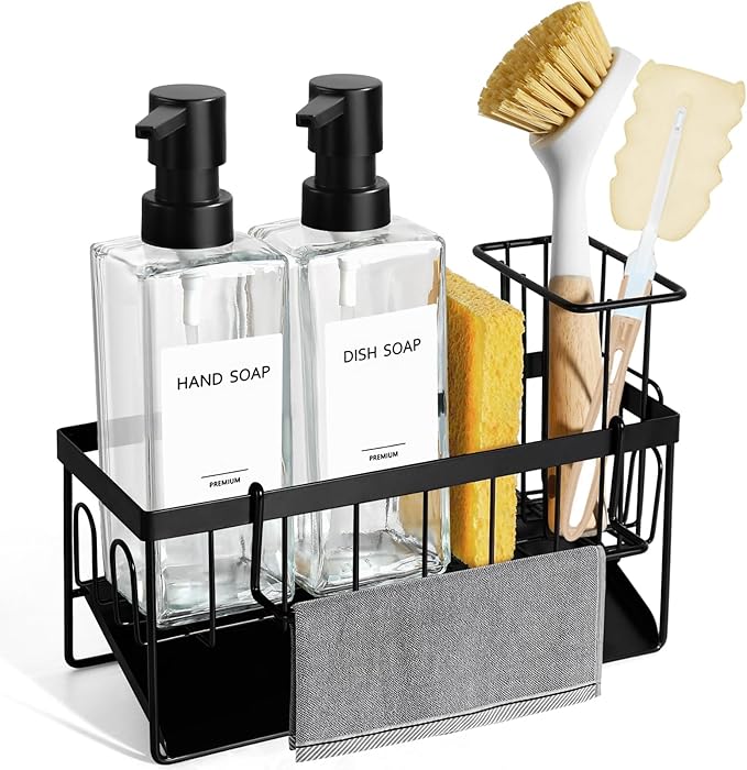 GMISUN Kitchen Soap Dispenser Set, 12 fl oz / 350 ml Dish Soap Dispensers with Sponge Holder, Customized Clear Glass Dish soap Dispenser for Kitchen, Modern Soap Dispensers Set Removable