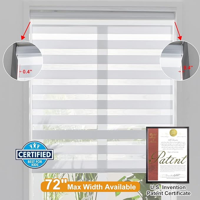 Persilux Zebra Cordless Blinds & Shades (55" W x 72" H, White) Free Stop Roller Window Shades, Light Filtering Blinds for Windows, Light Control for Day and Night