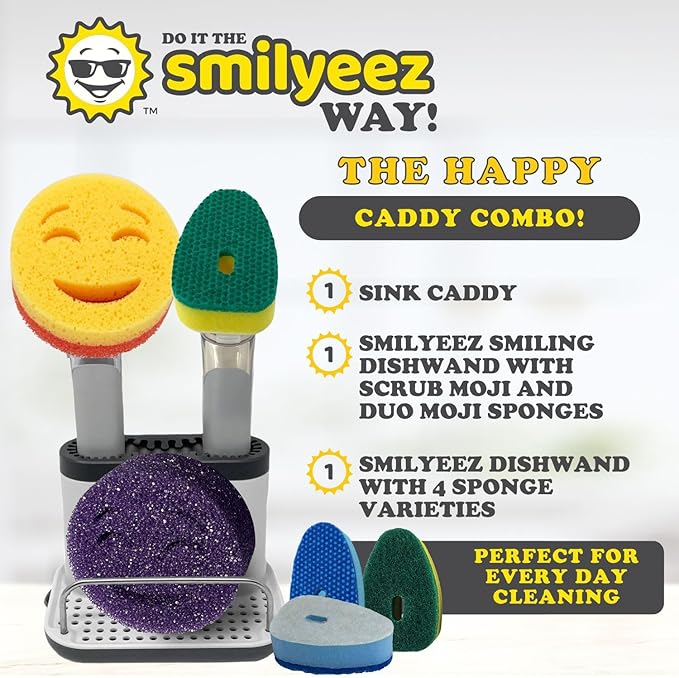 The Original Smiling Handle with Soap Dispensing for The Smiling Sponge with Smilyeez Caddy, Dishwand with Sponges, and 2 Scrub Mojis (Black)