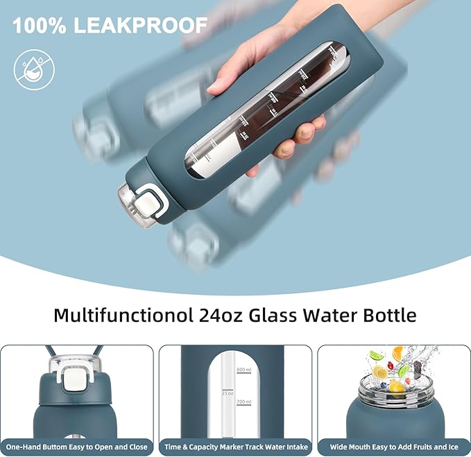 chunmo 24 oz Glass Water Bottles with 2 Lids-Handle Spout Lid & Straw Lid, Motivational Water Bottle with Time Marker and Silicone Sleeve,Leakproof-Dark Blue-1 Pack