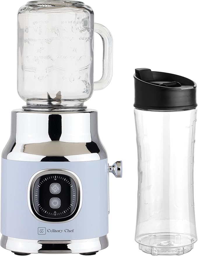 CULINARY CHEF Retro Smoothie Maker Personal Blender with Mason Jar, Perfect for Shakes and Smoothies, Countertop, Dishwasher Safe, BPA-Free, High Power 300W, BLUE