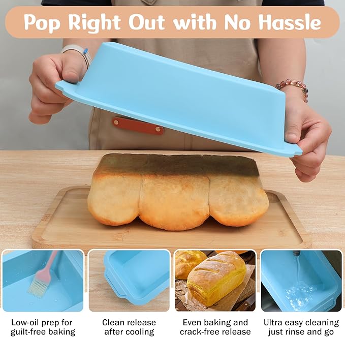 Nonstick Silicone Bread Loaf Pan: 9.5 x 5 Inch Bread Pan for Homemade Rye with Metal Frame - Loaf Mold for Baking Oven - Housewife Baker Home Baking Enthusiasts (Beige & Mint Green)