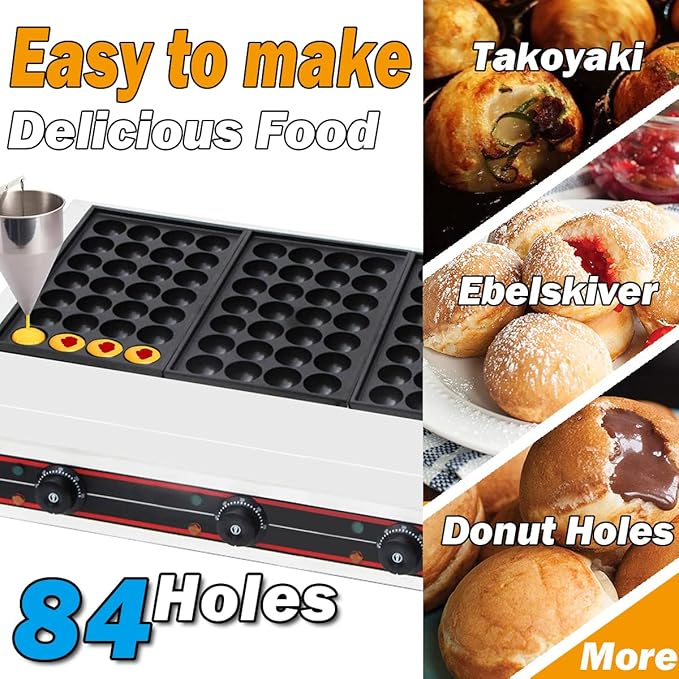 Takoyaki Maker Commercial Ebelskiver Pan 84 Holes Electric Grill Machine for Aebleskiver, Cake Pops, Pancake Balls, Donut Holes, 6000W, 110V