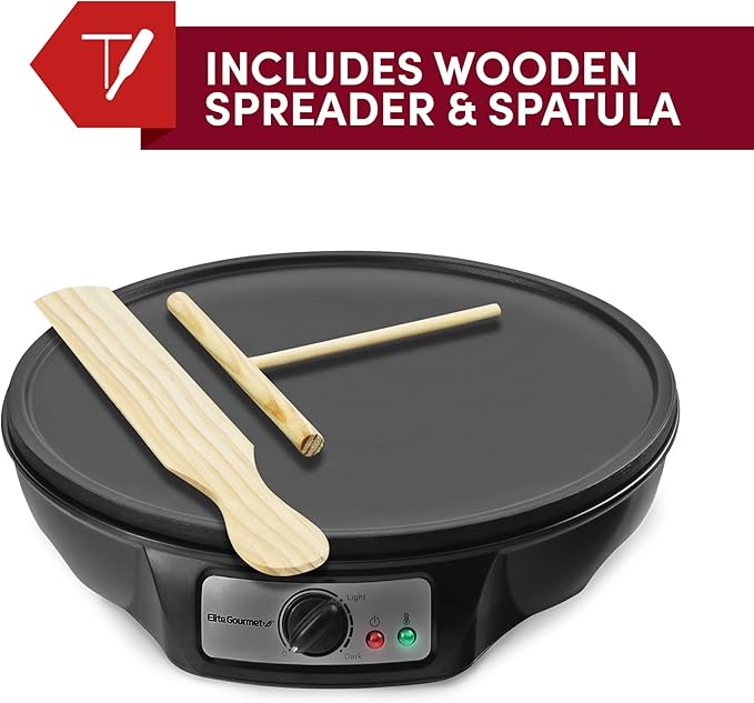 Elite Gourmet ECP-126 Electric Crepe Maker, Pancake, Hot Cakes and Non-stick Griddle with Spreader, Spatula and Recipes, 12", Black
