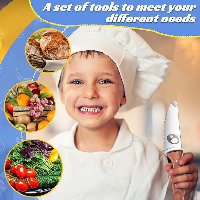 TIVOLI Kids Chef Knife Set with Finger Guard, 3-Piece Safety Stainless Steel Children's Cooking Knives for Cutting Fruits, Vegetables, Bread, Fun & Safe Kitchen Tool for Young Chefs
