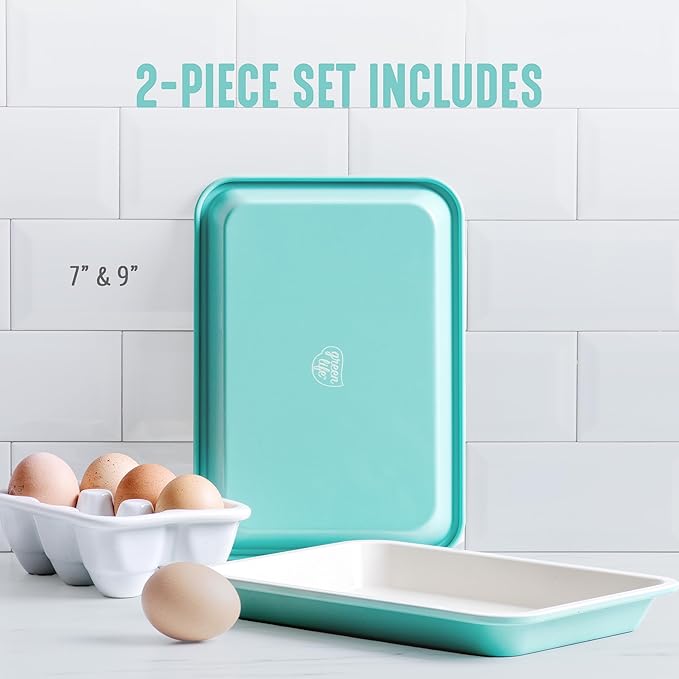 GreenLife 13" x 9" Quarter Sheet Baking Pans, 2 Piece Bakeware Set, PFAS-Free Ceramic Nonstick Rectangular Cookie Trays, Oven Safe to 450°F, Even Heating, Easy Clean Ovenware, Turquoise