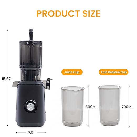 HealSmart Cold Press Juicer, Slow Masticating Juicer Machines with Wide Feed Chute, Fits Whole Fruits and Vegetables, High Juice Yield, BPA Free, Easy to Clean, Black