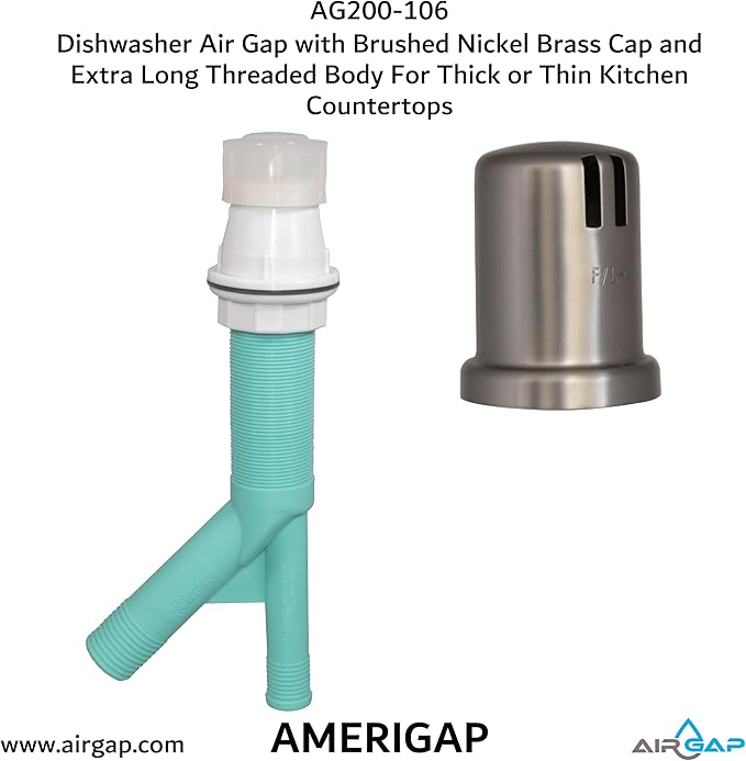 Dishwasher Air Gap with Skirted Brushed Nickel Brass Cap and Extra Long Threaded Body for Thick or Thin Kitchen Countertops (AG200-106, AG200-X06, AMERIGAP)