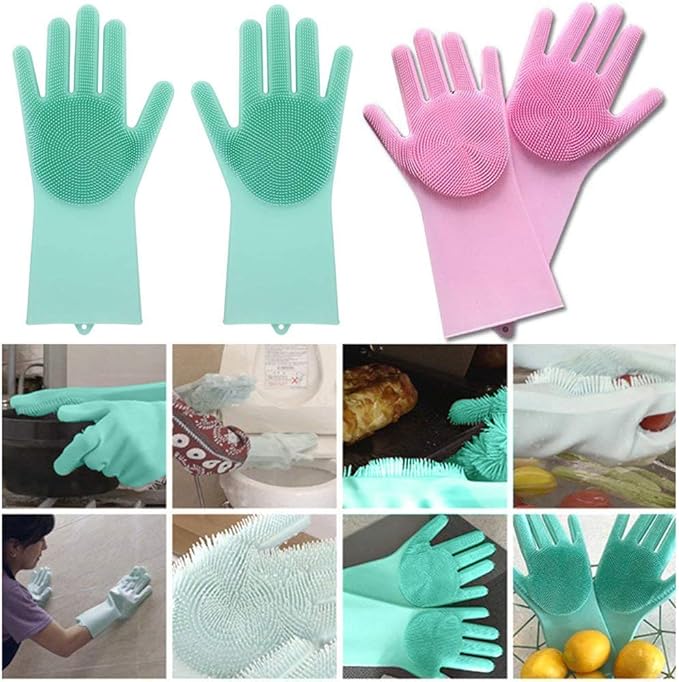 Magic Silicone Dish Washing Gloves for Kitchen, Dishwashing, Pet Grooming, Car and Bathroom Cleaning (Multicolour, Pack of 1)