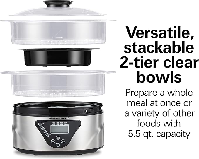 Hamilton Beach Digital Electric Food Steamer & Rice Cooker for Quick, Healthy Cooking for Vegetables and Seafood, Stackable Two-Tier Bowls, 5.5 Quart, Black & Stainless Steel