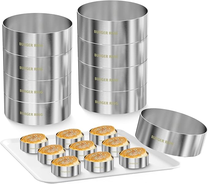 9 Pack Hamburger Bun Rings, Burger Mold, 4.2 inch Large Ring Molds for Cooking, Nonstick, Made of Food Grade 304 Stainless Steel, Cooking Rings for Fried Eggs, Crumpets, Pancakes, Muffins and More