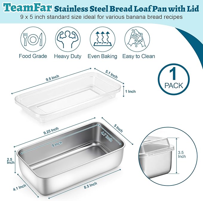 TeamFar Loaf Pan for Baking Bread, 9 x 5 Inch Stainless Steel Bread Loaf Pan with Lid, Meatloaf Pan Tin for Homemade Bread, Brownies, Meal Prep, Storage, Healthy & Dishwasher Safe