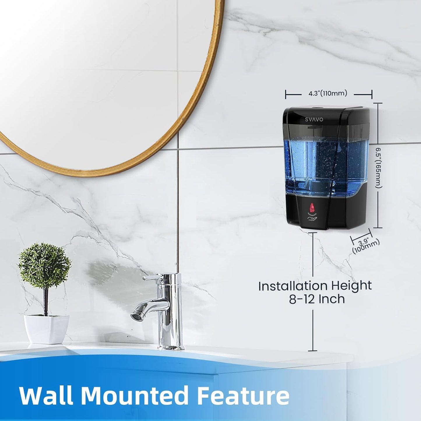 SVAVO Automatic Soap Dispenser Wall-Mounted, Hand Soap Dispenser Touchless Electric Sensor Pump Battery Operated for Office Home Kitchen Bathroom, Hotel Restaurant, 600ml/21fl.oz