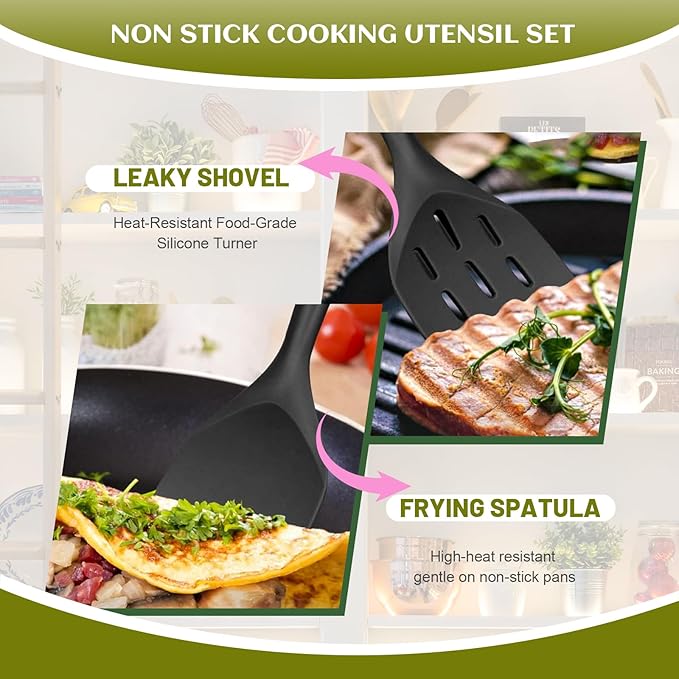 Pack of 2 Silicone Spatula, Non Stick Cooking Utensil Set Wooden Handle Kitchen Turner for Baking Mixing Grilling Serving Food Heat Resistant Non Scratch (Dark gray)