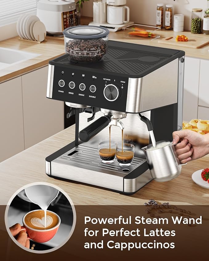 Electactic Espresso Machine 15 Bar with Built-in Anti-Clog Coffee Grinder,Stainless Steel Coffee Maker with 77.8 oz Removable Water Tank for Cappuccino/Latte,Home&Office,Black