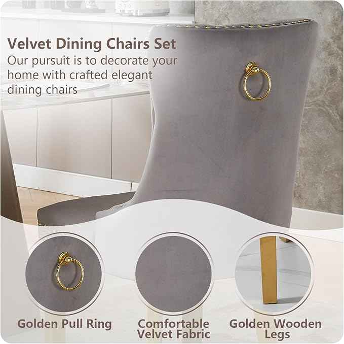 Velvet Dining Chairs Set of 4, Kitchen & Dining Room Chairs, Upholstered Dining Chairs with Back Ring Pull and Golden Solid Wood Legs, Modern Tufted Kitchen Chairs for Dining Room, Light Grey
