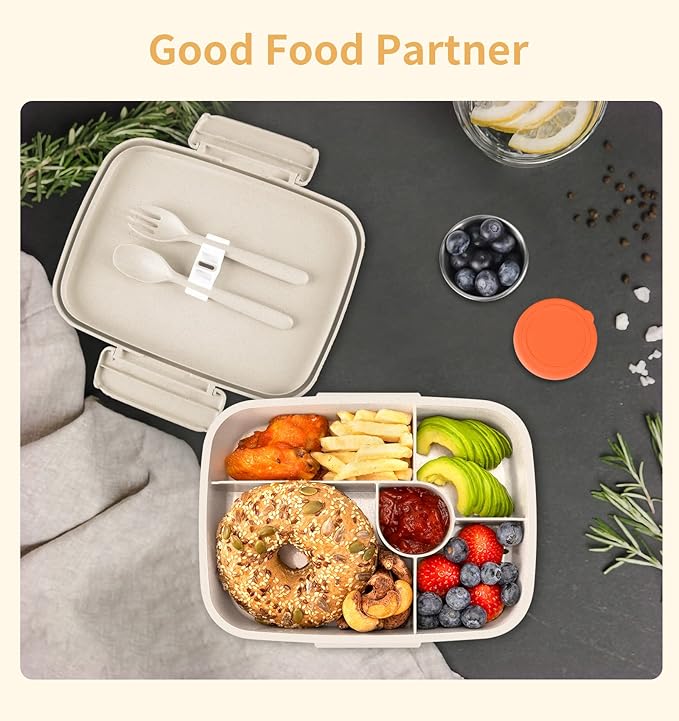 Bento Lunch Box, 5 Compartments Lunch Container for Kids/Adults with Snack cup, Wheat Fiber Eco-Friendly Double Insulated Boxes, Dishwasher and Microwave Safe, BPA-Free