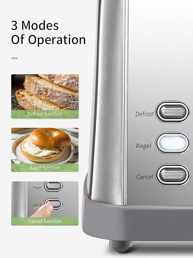 Toaster 4 Slice, Extra Wide Slots, Stainless Steel with High Lift Lever, Bagel and Muffin Function, Removal Crumb Tray, 7-Shade Settings with Warming Rack, Silver, Yabano